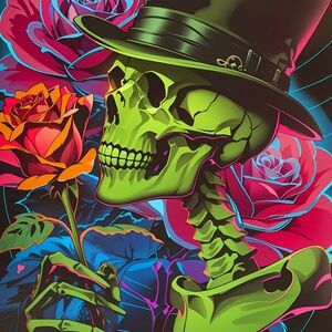 Vibrant Skeleton Art Print with Roses